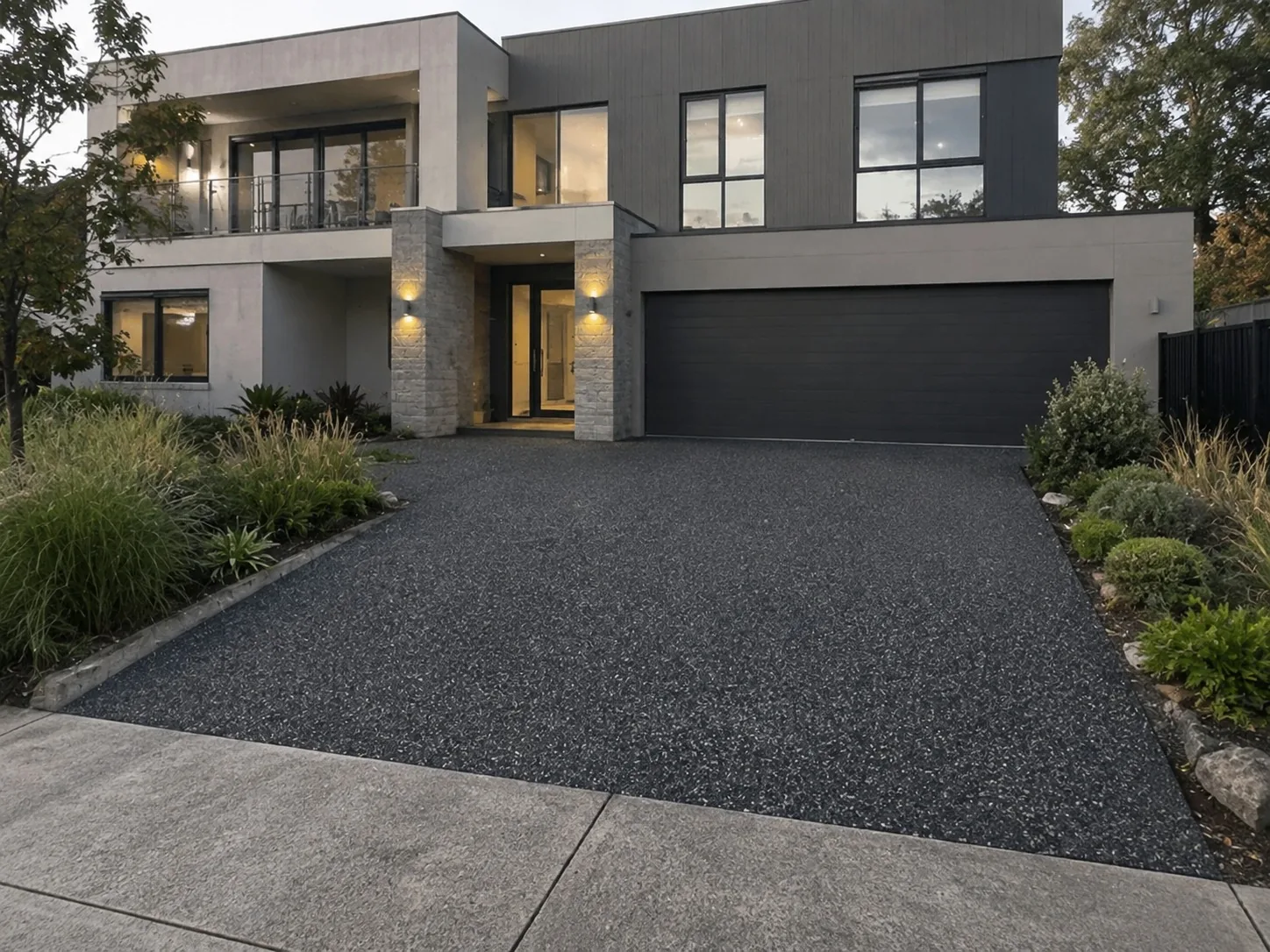 Charcoal exposed aggregate driveway at a rendered two-storey Melbourne home at dusk