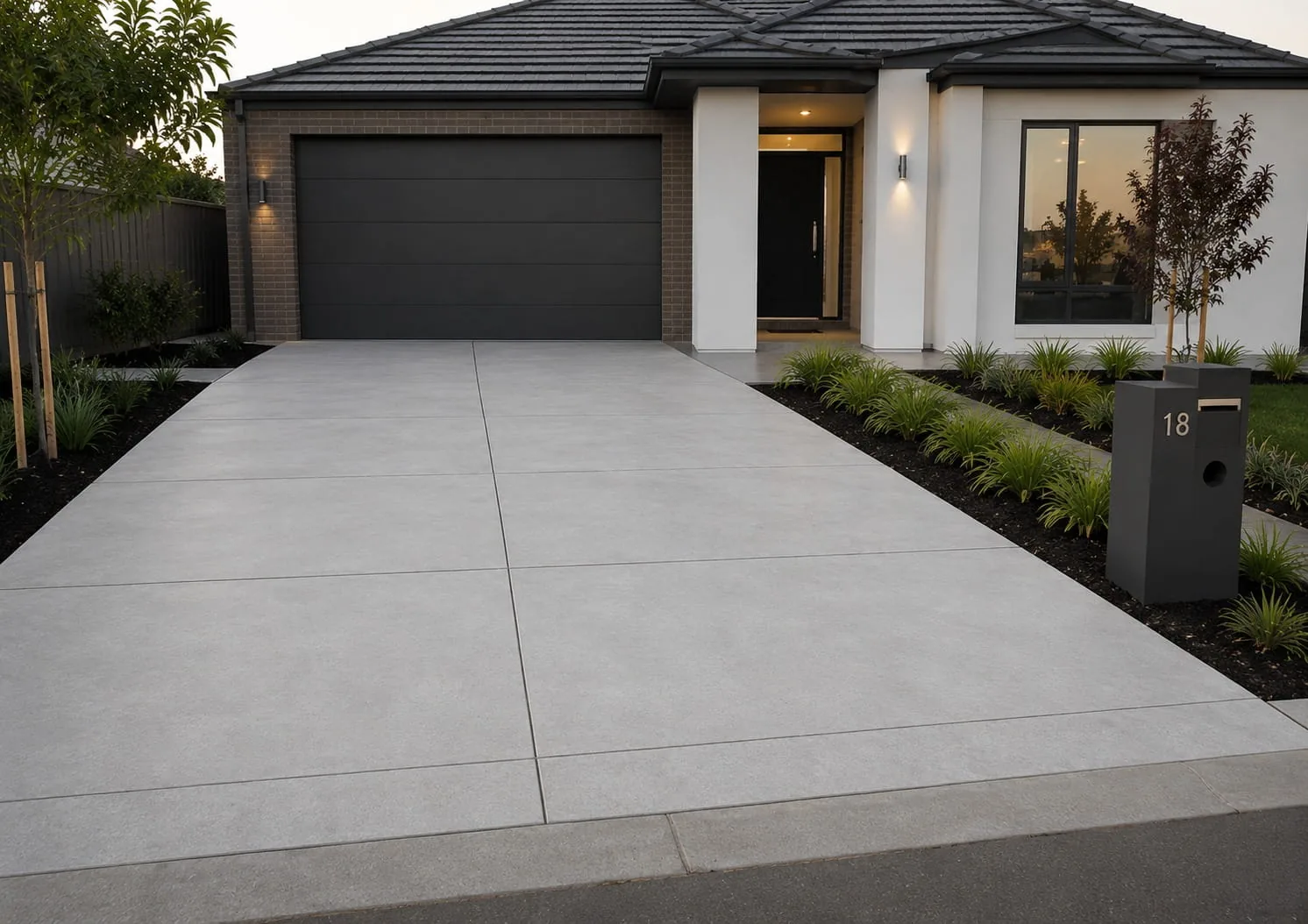 Jointed plain concrete slab driveway running to the garage of a new Melbourne home