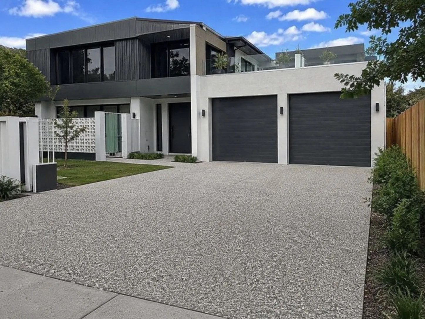 Pale exposed aggregate driveway running to the double garage of a modern Melbourne home